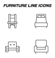 sinais monocromáticos simples desenhados com linha fina preta. ícone de linha vetorial definido com símbolos de cadeira, cama, sofá, cadeira vetor