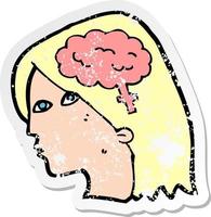 adesivo retrô angustiado de uma cabeça feminina de desenho animado com símbolo do cérebro vetor