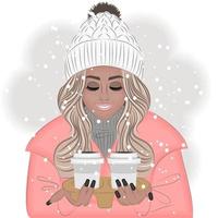 garota de inverno segurando café, ilustração vetorial na moda vetor