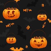 padrão de doces de halloween. doces vetoriais com balde de halloween e decorações. sobremesas assustadoras, morcegos voando. fundo de guloseimas preto e laranja. milho de doces deliciosos realista desenhado à mão, abóbora.