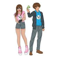 menino e menina com dinheiro e jogar personagem de desenho animado do console de jogos vetor