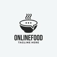 ideia de logotipo de comida online com símbolo de bate-papo de tigela e bolha vetor