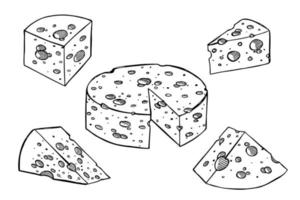 conjunto desenhado à mão de fatias e peças de queijo. ícone de queijo. vetor de clipart de queijo