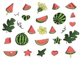 conjunto de vetores fofos de clipart de melancia. ícone de melancia desenhado à mão. ilustração de frutas.