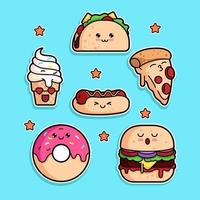 conjunto kawaii de adesivo de comida vetor