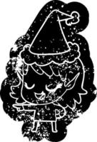 feliz desenho animado ícone angustiado de uma garota elfa apontando usando chapéu de papai noel vetor