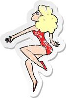 adesivo retrô angustiado de uma mulher dançando de desenho animado vetor