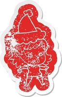 adesivo angustiado de desenho animado de uma garota elfa usando chapéu de papai noel vetor