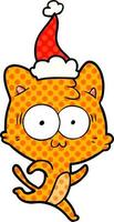 ilustração de estilo de quadrinhos de um gato surpreso correndo usando chapéu de papai noel vetor