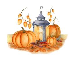 abóboras laranja e lanterna vintage. mão desenhada outono vector ilustração em aquarela para design de ação de graças ou halloween. folhas de outono e lâmpada em fundo branco para festival de colheita