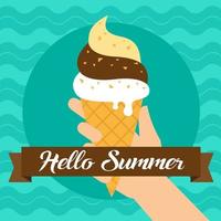 Olá verão e mão segurando sorvete vetor