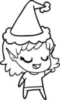 desenho de linha feliz de uma garota elfa usando chapéu de papai noel vetor