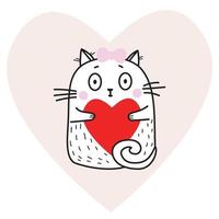 menina de gato branco engraçado bonito com um coração vermelho em suas patas no fundo de um coração rosa. ilustração vetorial. animal fofo para design, decoração, cartões de dia dos namorados. vetor