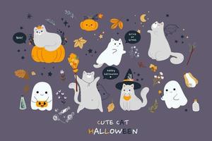 gatos bonitos em conjunto de fantasias de halloween assustador. animais felinos engraçados e assustadores em chapéus para férias de outono dos mortos. monstros de gatinhos assustadores. ilustração vetorial plana colorida isolada no fundo branco