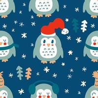 pinguins de inverno com padrão sem emenda de flocos de neve e árvores de natal. vetor