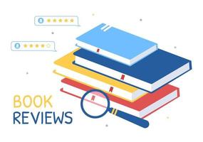 modelo de revisão de livro ilustração plana de desenhos animados desenhados à mão com feedback do leitor para análise, classificação, satisfação e comentários sobre publicações vetor