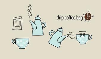 saco de café de gotejamento para fácil preparo em uma xícara. conjunto de ícones de mão desenhada de vetor, doodle ilustração isolada no fundo branco. instruções para fazer bebida de café fresco vetor
