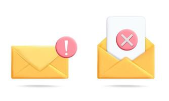 conjunto de vetores 3d de envelope de e-mail amarelo e design de ícone de aviso de perigo de atenção