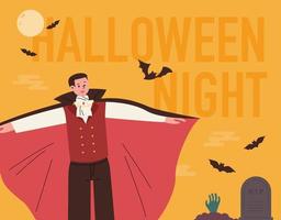 um pôster de halloween com um vampiro agitando sua capa. ilustração em vetor estilo design plano.