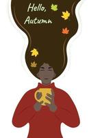 uma garota de pele escura com longos cabelos escuros com uma xícara nas mãos, a inscrição olá outono, vetor plano, isolar em branco, folhas de outono, cores de outono