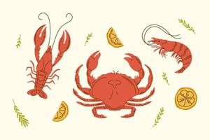 camarão, lagosta e caranguejo vector conjunto ilustração com limon. elementos de design de vetor de frutos do mar