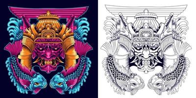 máscara oni com peixe koi e ilustração vetorial de portão tori em estilo detalhado vetor