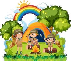 crianças acampando na floresta vetor