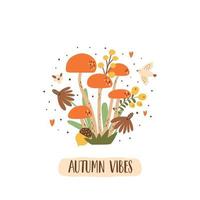 cartaz de cogumelo de outono. cogumelo de outono com folhas, pássaro de baga de flores. elemento decorativo da floresta de outono. citação inspiradora de vibrações de outono de texto. ilustração em vetor elemento isolado cogumelo floral.