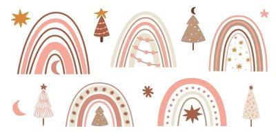 conjunto de arco-íris de natal rosa. arco-íris de inverno bonito e coleção de árvores de natal isolado elemento gráfico. clipart de ano novo. ilustração vetorial de Natal pastel. arco desenhado à mão para férias de inverno. vetor