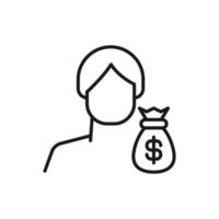 hobby, negócio, profissão de homem. símbolo de contorno de vetor moderno em estilo simples com linha fina preta. ícone monocromático de bolsa de dinheiro por homem anônimo