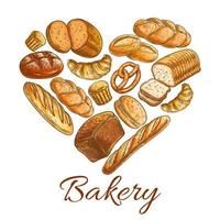 símbolo de coração de loja de padaria de pão de esboço vetor
