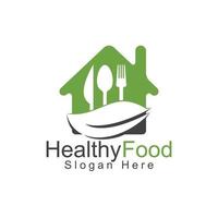 modelo de logotipo de comida saudável em casa. logotipo de alimentos orgânicos com símbolo de colher, garfo, faca e folha. vetor