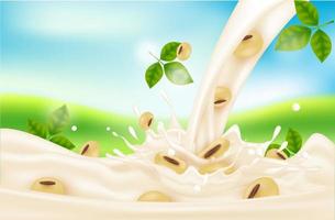 respingo de leite de soja caindo para o design do pacote. leite e cálcio. osso suplemento dietético, conceito médico ou de saúde. ilustração em vetor 3D eps10