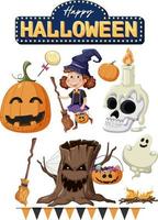 personagem de desenho animado de halloween e conjunto de elementos vetor