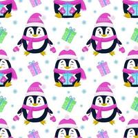 padrão sem emenda de vetor com a imagem de pinguins, presentes e flocos de neve. impressão vetorial perfeita em tecidos infantis, papel de parede, têxteis, embalagens, design.