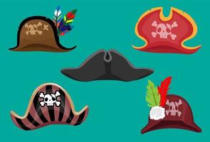 Conjunto de objetos de chapéu de capitão de jogo de vetor de pirata dos desenhos animados. coleção de elementos de aventura no mar