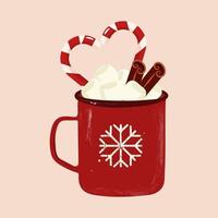 ilustração em vetor de chocolate quente em um copo vermelho. decorando bebida quente com marshmallows e caramelo para design de natal ou inverno.