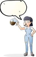 mulher de desenho animado de bolha de fala desenhada à mão livre em macacão com café vetor
