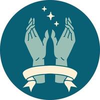 ícone de estilo de tatuagem com banner de mãos místicas vetor