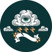 ícone de estilo de tatuagem com banner de uma nuvem de olho que tudo vê vetor