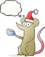 rato de desenho animado de balão de pensamento desenhado à mão livre usando chapéu de natal vetor