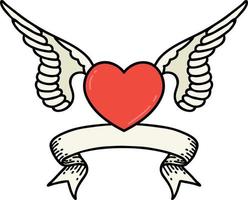 tatuagem tradicional com bandeira de um coração com asas vetor