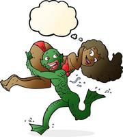monstro do pântano dos desenhos animados carregando garota de biquíni com balão de pensamento