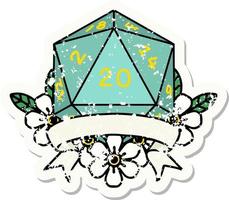 adesivo grunge de uma jogada de dados d20 de 20 acertos críticos naturais vetor