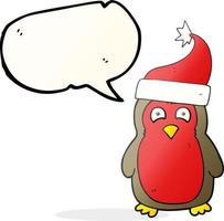 desenho animado de bolha de fala desenhada à mão livre pisco de peito vermelho usando chapéu de natal vetor