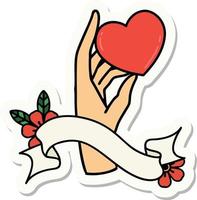 adesivo estilo tatuagem com banner de uma mão segurando um coração vetor