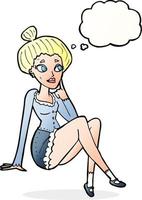 mulher atraente de desenho animado sentada pensando com balão de pensamento vetor