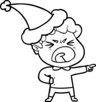 desenho de linha de um homem furioso usando chapéu de papai noel vetor