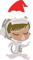 ilustração de cor plana de uma linda garota astronauta correndo usando chapéu de papai noel vetor