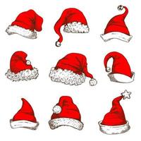 chapéu vermelho de natal ou boné de papai noel e elfo conjunto de ícones vetor
